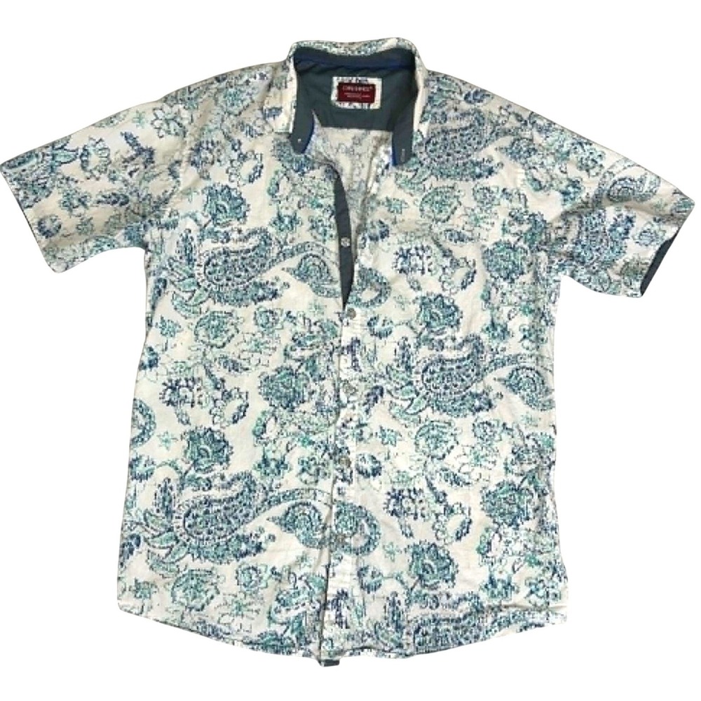 Consequence Mens Large Cotton Paisley Short Sleeve Button Down Shirt Teal Blue